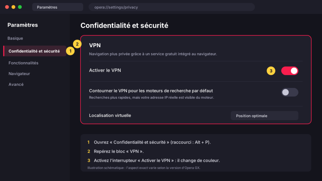 Interrupteur Activer le VPN dans les paramètres d'Opera GX